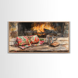 Canvas Print Cozy Fireplace with Christmas Blanket and Mug, Rustic Christmas Decor, Holiday Home Art, Warm Christmas Wall Art