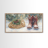 Canvas Print Cowboy Boots with Christmas Wreath and Rope, Rustic Christmas Decor, Winter Western Holiday Art, Farmhouse Wall Print