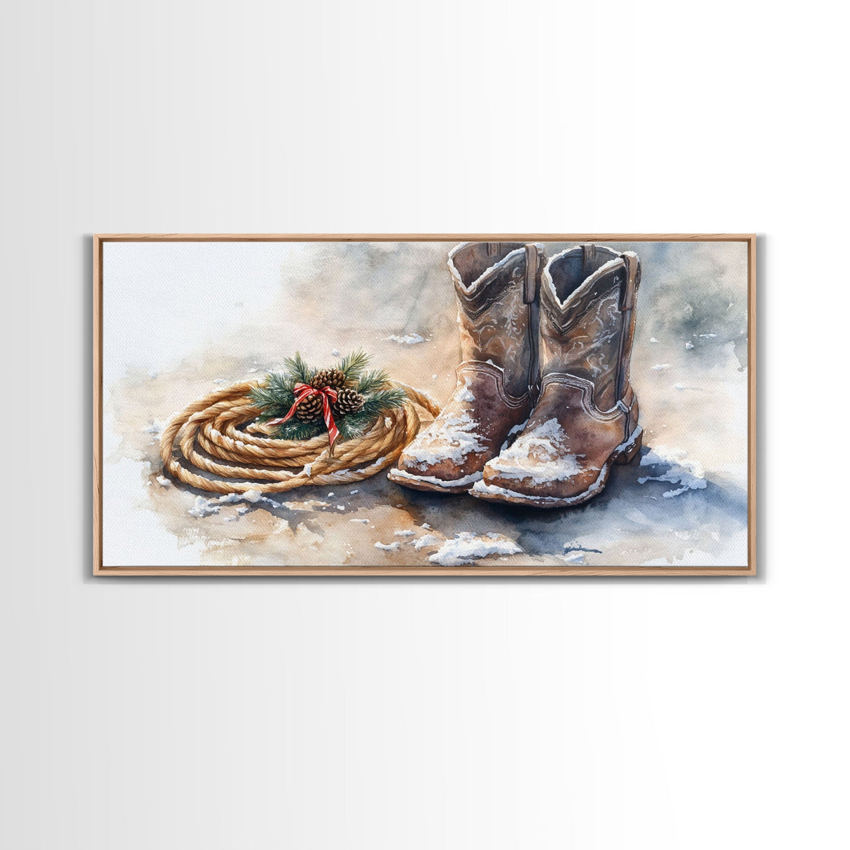Framed Canvas Print Cowboy Boots and Rope with Pinecones, Rustic Winter Decor, Western Christmas Art, Perfect Holiday Wall Print
