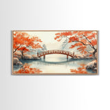 Tranquil Japanese Autumn Bridge Framed Canvas Print Fall Nature Scene Art Minimalist Wall Decor Seasonal Holiday Gift Idea 2024