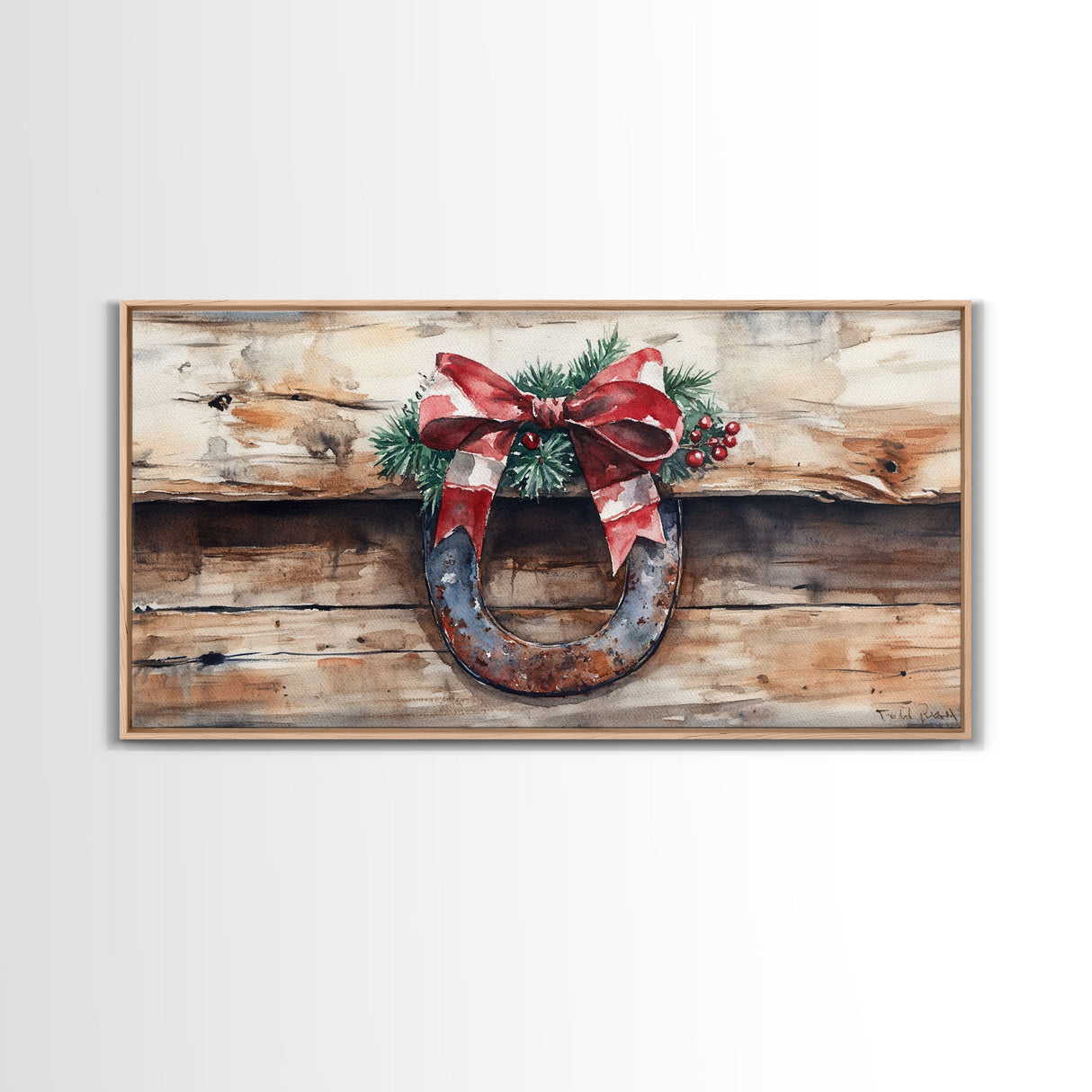 Festive horseshoe Christmas art, rustic holiday decor, farmhouse holiday gift idea, cozy winter home decor, framed canvas print