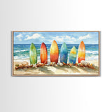 Colorful surfboards Christmas wall art, beach holiday decor, coastal Christmas art, framed canvas print, tropical Christmas art gift