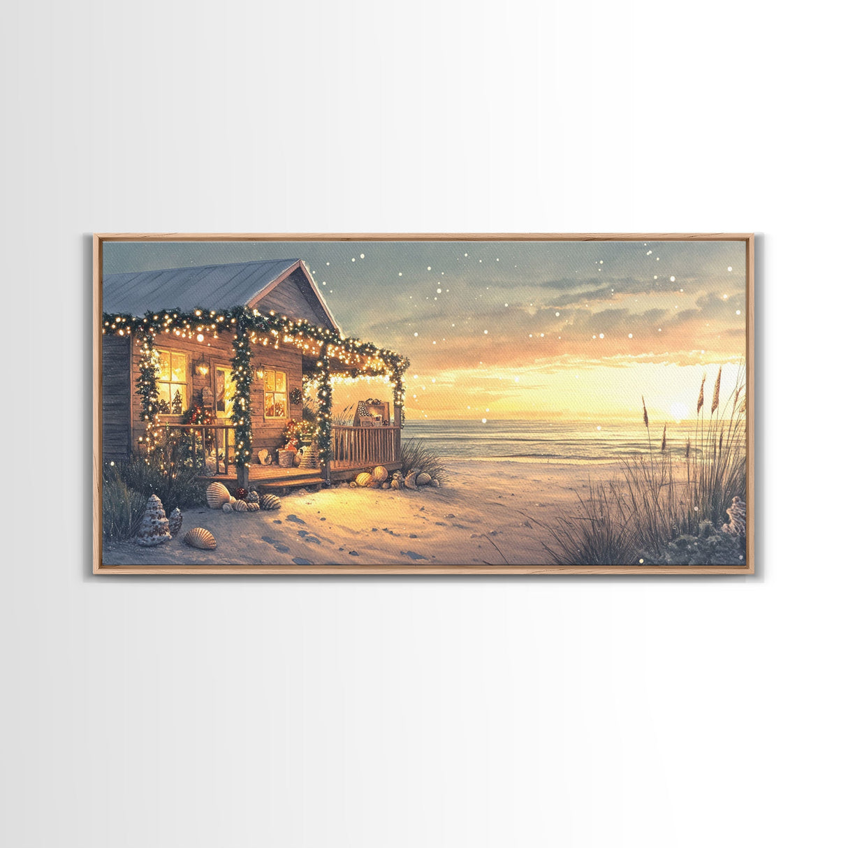 Christmas beach house decor, coastal holiday home art, seaside Christmas wall art, festive beach house print, framed canvas print