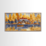 Lakeside cabin in autumn, framed canvas print, cozy fall decor, rustic cabin home decor, fall landscape wall art, perfect autumn gift idea