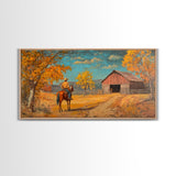 Cowboy Horse Autumn River Framed Canvas Print Perfect Above Sofa Fall Cowboy Art Moody Landscape Fall Western Wall Art