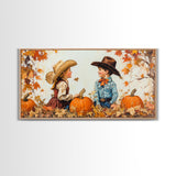 Cute Cowboy and Cowgirl In a Pumpkin Patch, Framed Canvas Print, 1950s Style Wall Art, Nursery Decor