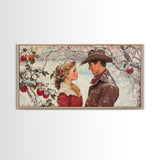 Cowboy and Cowgirl meet under the mistletoe, framed canvas print, cute winter wall art, Christmas home decor, seasonal rustic decor