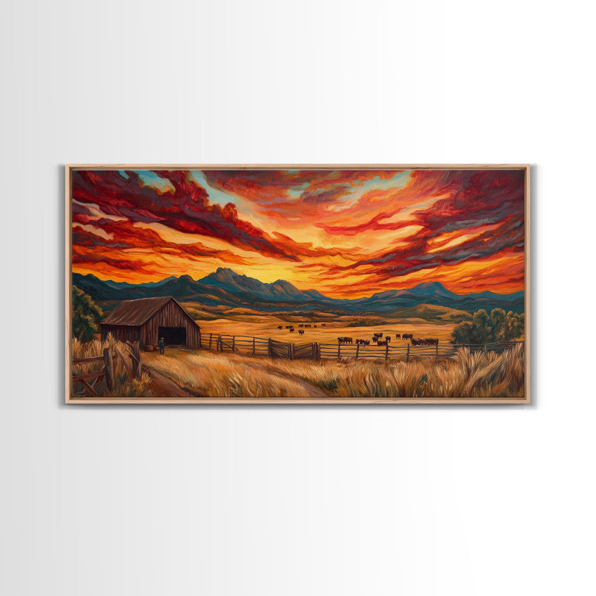 Sunset Ranch Framed Canvas Print Western Farmhouse Landscape Autumn Wall Art Large Fall Country Home Decor Above Sofa Art Piece