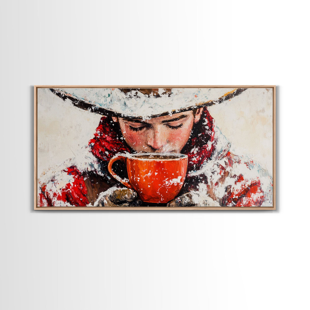 Cowboy in forest with burning fire, deep autumn hues, Framed Canvas Print, moody landscape, fall western art, rustic wall piece, wall decor