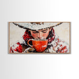 Cowboy in forest with burning fire, deep autumn hues, Framed Canvas Print, moody landscape, fall western art, rustic wall piece, wall decor