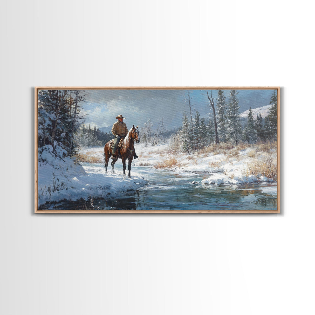 Cowboy riding horse through vibrant autumn forest, Framed Canvas Print, tall fall wall art, rustic western decor, moody landscape