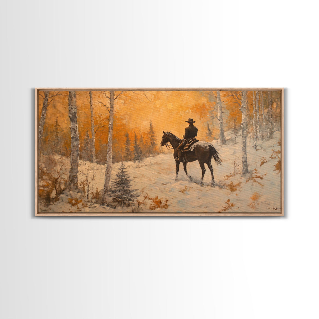 Cowboy riding horse through deep snow in a winter storm, Framed Canvas Print, dynamic winter wall art, rustic western home decor