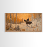 Cowboy riding horse through deep snow in a winter storm, Framed Canvas Print, dynamic winter wall art, rustic western home decor