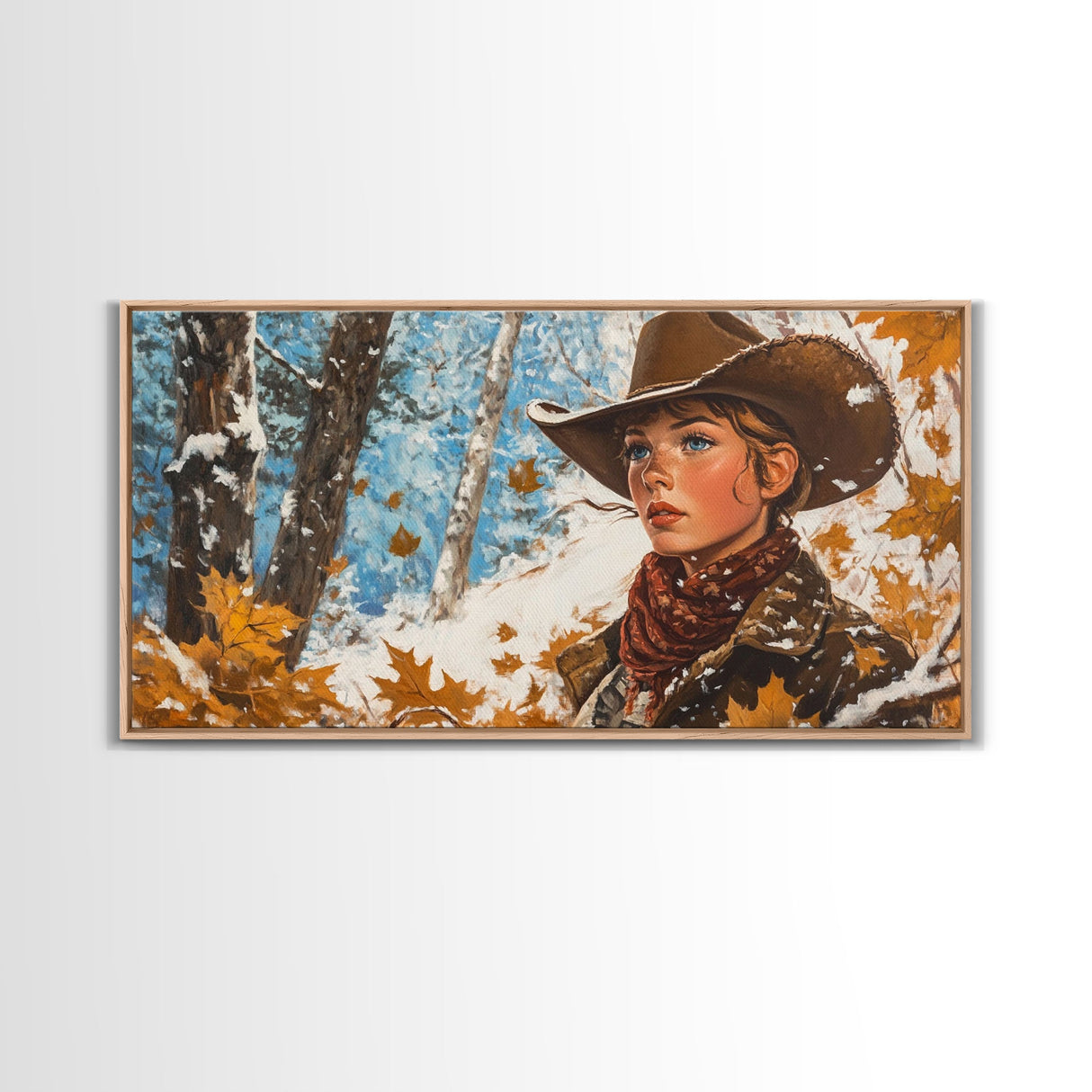 Western-inspired Framed Canvas Print of a woman on horseback in a snowy mountain landscape, holiday wall art and winter wonderland vibes