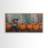 Cute Cowgirl In A Pumpkin Patch, Framed Canvas Print, Fall / Thanksgiving Decor, minimalist seasonal art for autumn or Christmas decor