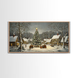 Large Christmas Tree In Snowy Village With Families, Winter Wonderland Holiday Wall Art, Framed Canvas Print, Rustic Christmas Decor