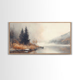 Fall On The River, Framed Canvas Print, Beautiful Watercolor Painting Of an Autumn Landscape, Ready To Hang Seasonal Decor