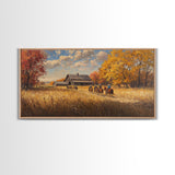 Horseback Riders In Autumn Near Barn, Rustic Fall Wall Art, Cozy Farmhouse Decor Framed Canvas Print, Harvest Time Country Art