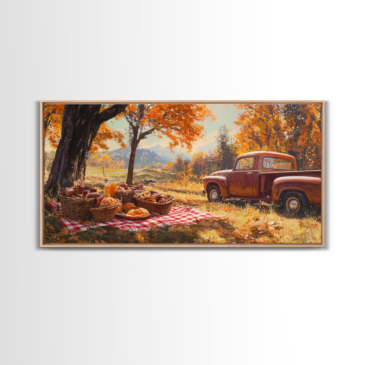 Fall Picnic Afternoon Framed Canvas Print, Rustic Farmhouse Decor, Autumn Country Landscape Art, Modern Farmhouse Wall Art, Seasonal Gift
