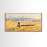 Cowboy On Snowy Path Framed Canvas Print Tall Art Winter Wonderland Western Christmas Decor Rustic Winter Wall Art Gift Cowboy Holiday Gift