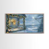 Rustic snowy mountain cabin with Christmas lights, Framed Canvas Print a cozy winter scene, perfect for winter wonderland wall decor