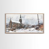 Snowy church scene framed canvas print, stained glass church in winter with snow-covered rooftops, perfect Christmas or holiday art display