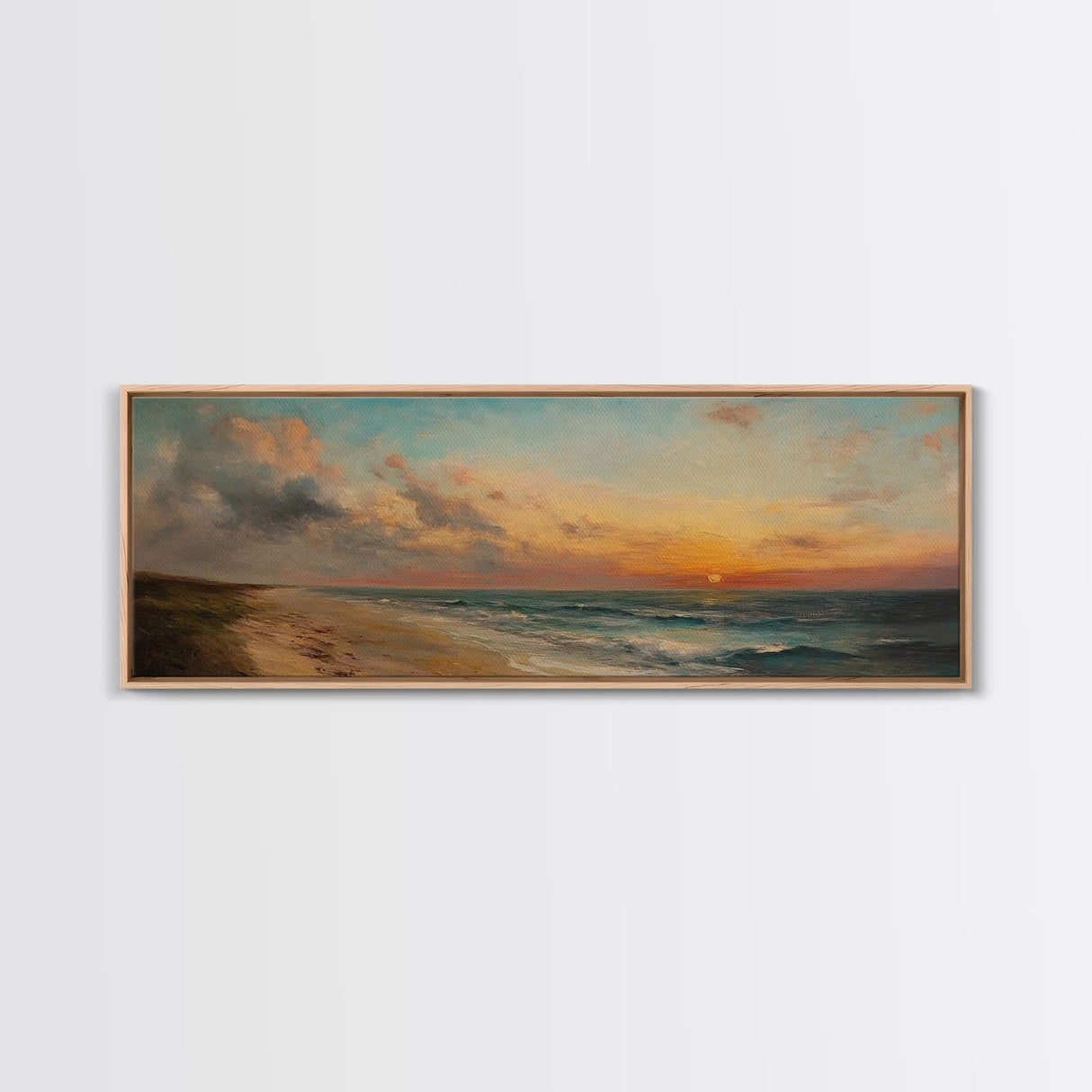 Muted Beach Framed Oil Painting Canvas Print, Minimalist Coastal Decor, Seascape Painting, Long / Horizontal Beach Wall Art, Panoramic Art
