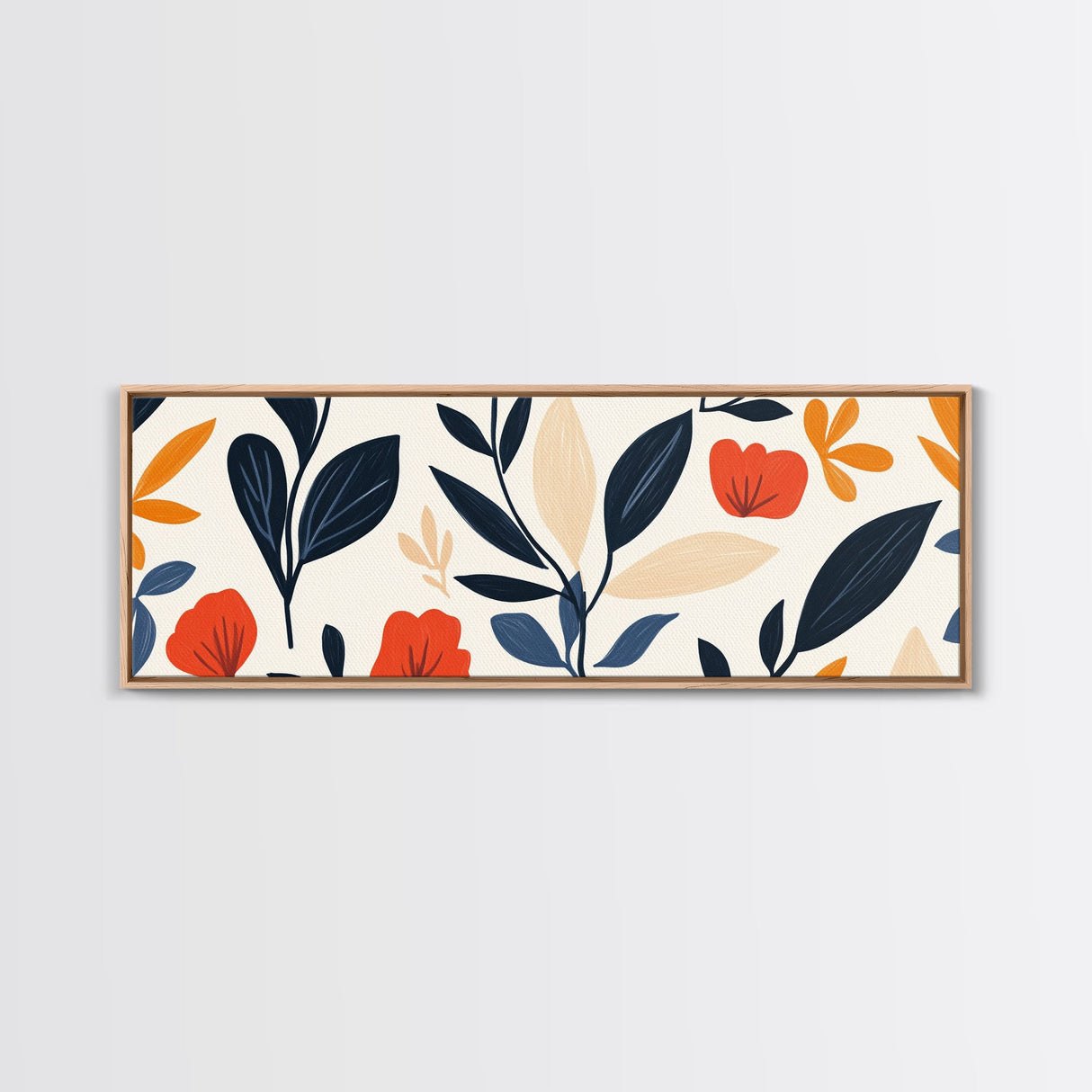 MCM Floral Print, Framed Canvas Art With Wood Frame, Over Sized Extra Wide Art For Above Sofa, Blue flowers on Black Background
