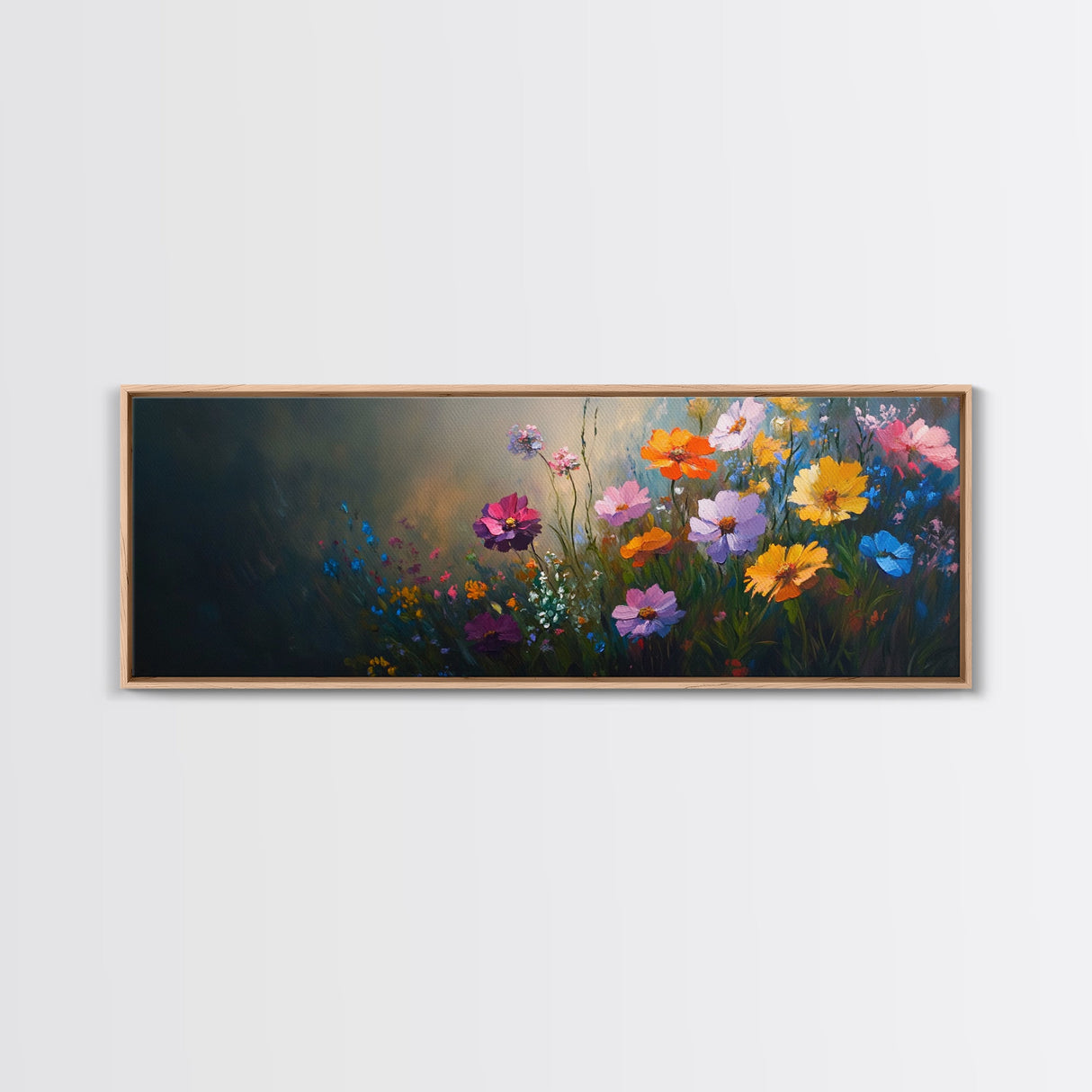 Wildflowers In a Thunder Storm, Framed Canvas Print, Colorful Botanical Print, Field of Wildflowers Canvas Art, Dark Floral Landscape Wide Art