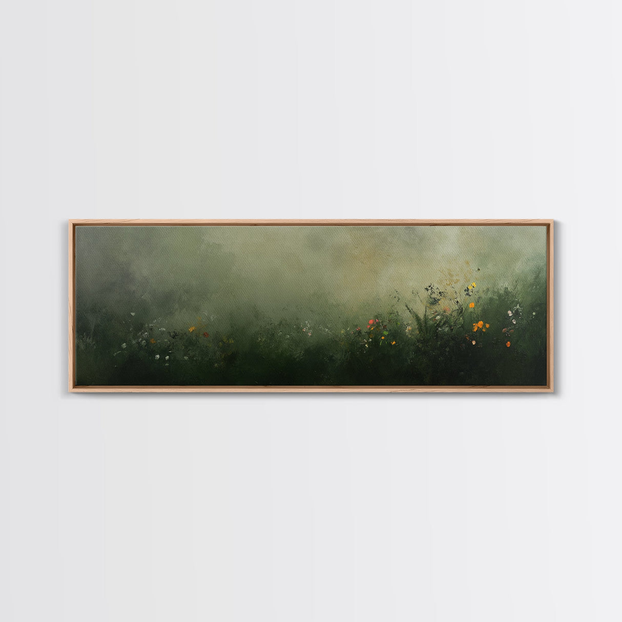 Fog Over The Wild Flowers Framed Canvas Print, Moody Muted Decor, Panoramic Painting Wall Art, Living Room Decor