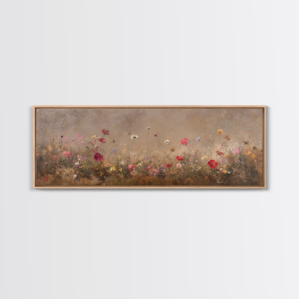 Wild Flowers On a Grey Background, Framed Canvas Print, Panoramic Oil Painting Print, Boho Farmhouse Decor, Modern Rustic Primitive Decor