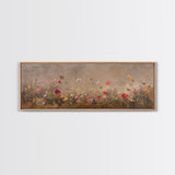 Wild Flowers On a Grey Background, Framed Canvas Print, Panoramic Oil Painting Print, Boho Farmhouse Decor, Modern Rustic Primitive Decor