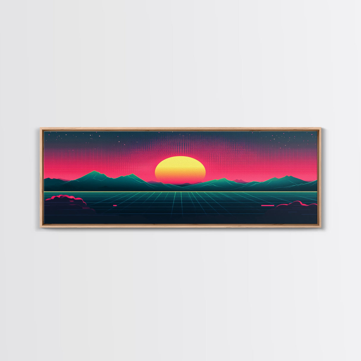 Synthwave Sunset Over The Mountains, Wireframe Art, Framed Canvas Print, Wire Frame Retro 1980s Style Wall Art