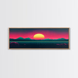 Synthwave Sunset Over The Mountains, Wireframe Art, Framed Canvas Print, Wire Frame Retro 1980s Style Wall Art
