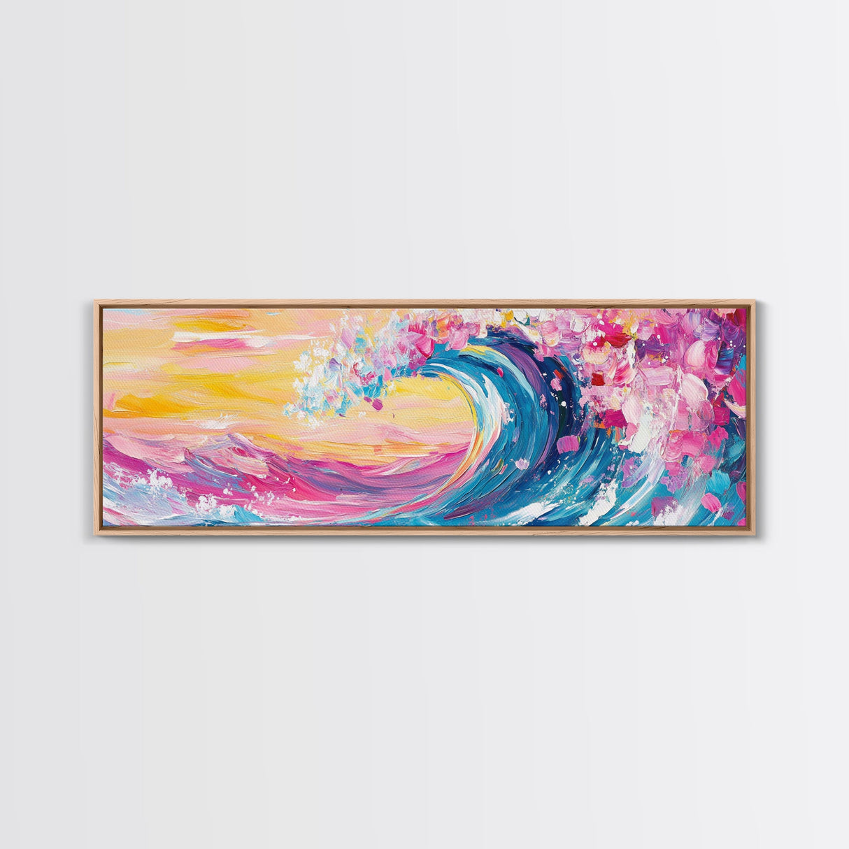 Rainbow Waves, Pink and Turquoise Ocean Waves Framed Canvas Print, Eclectic Kitsch Decor, Retro Farmhouse Wall Art