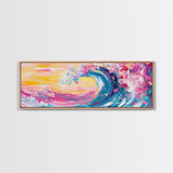Rainbow Waves, Pink and Turquoise Ocean Waves Framed Canvas Print, Eclectic Kitsch Decor, Retro Farmhouse Wall Art