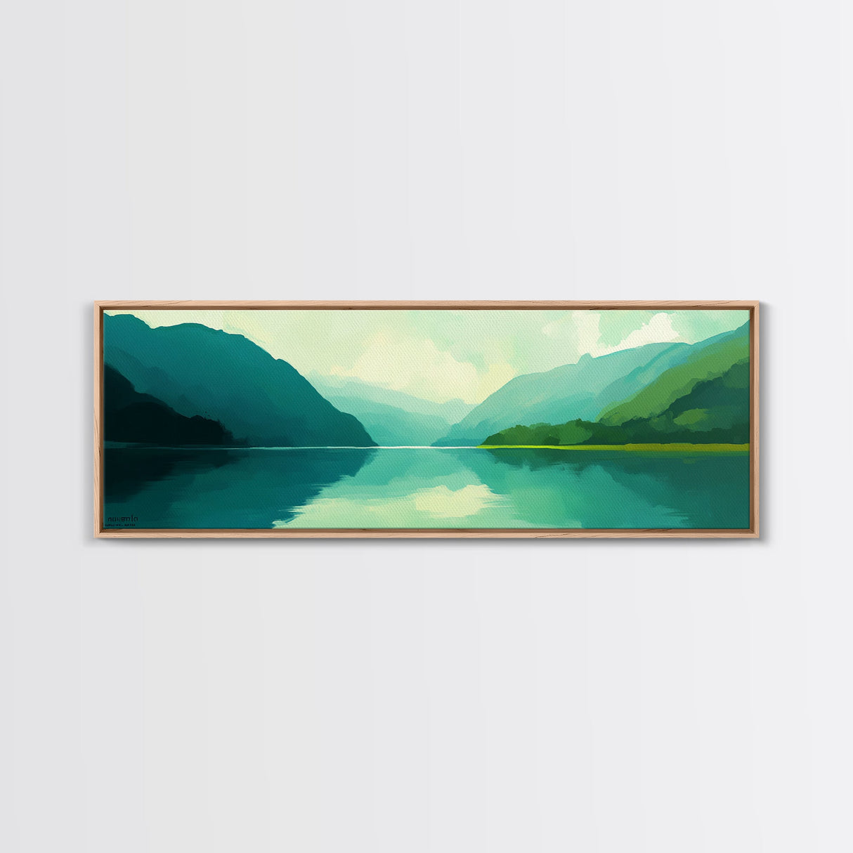 Jade Green Landscape Painting Print, Panoramic Lake Painting, Minimalist and Muted Home Decor, Emerald Green Landscape Art
