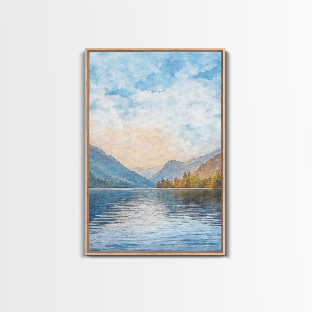 The Calm Lake Framed Canvas Print, PNW Wall Art, Modern Realism Home Decor, Watercolor Landscape Print
