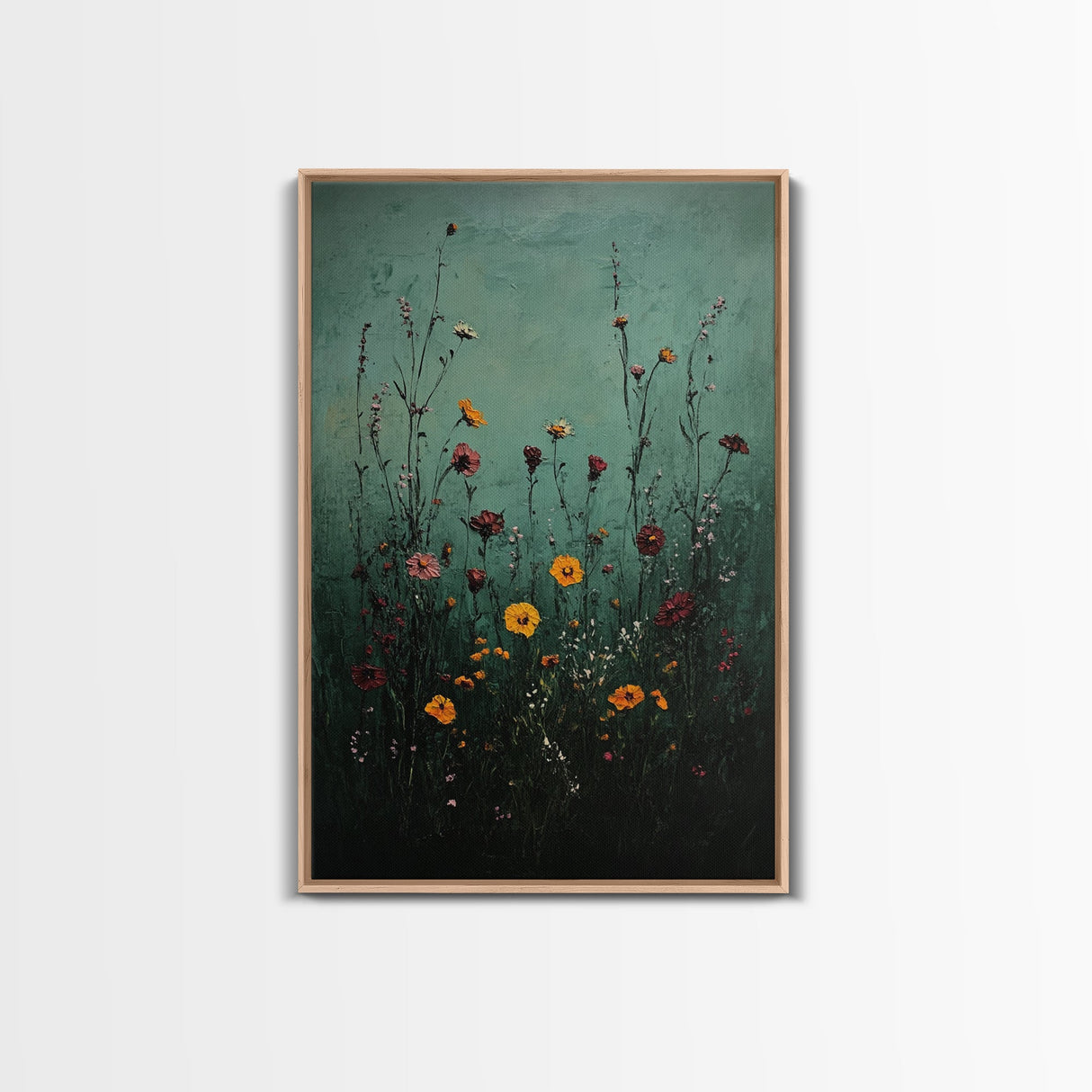 Moody Wild Flowers Print, Framed Canvas, Boho Decor, Wildflowers in a Rain Storm, Modern Farmhouse, Rustic Decor
