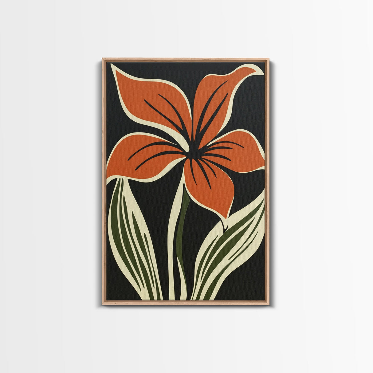 Orange Flower on Black Background, MCM Style Art, Framed Canvas Print