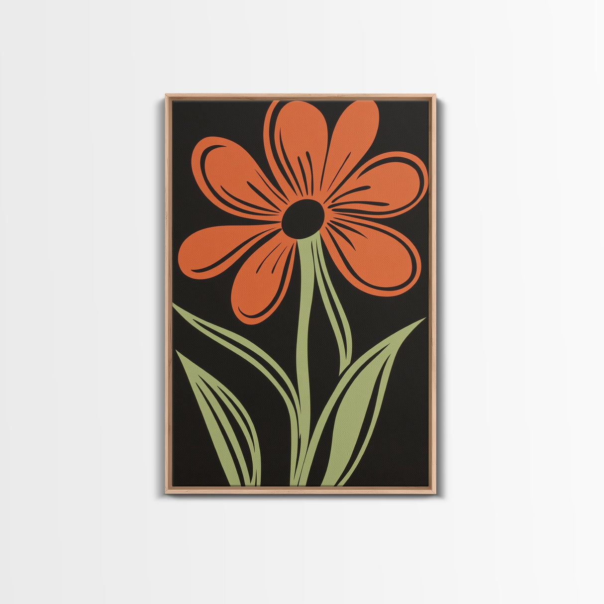 Orange Daisy with Black Background, Framed Canvas Print, Cute Floral Print, Botanical Minimalist Home Decor