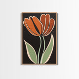 Orange Tulip  with Black Background, Framed Canvas Print, Cute Floral Print, Botanical Minimalist Home Decor