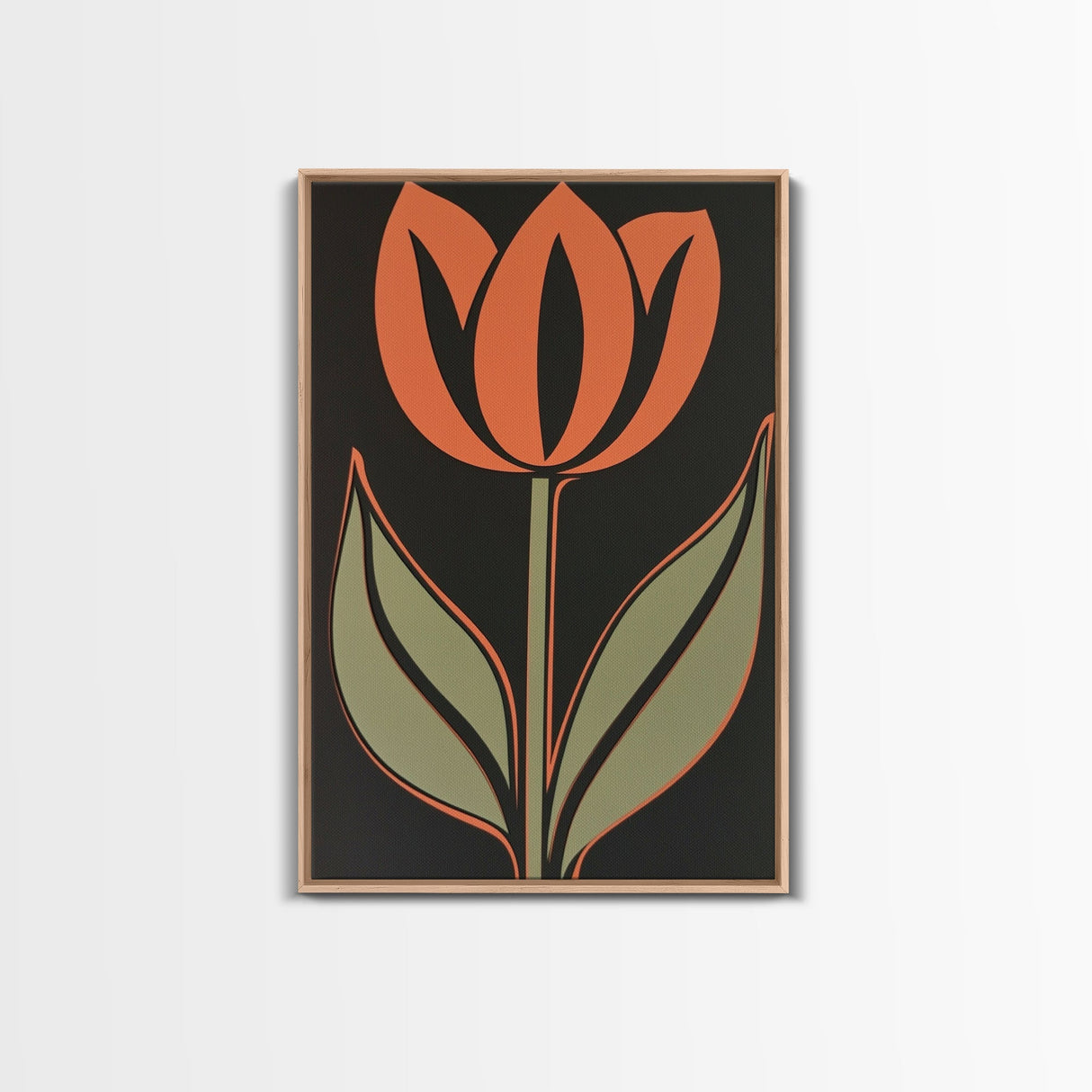 Framed Canvas Wall Art, Dark Botanical Black Background Orange Flower Modern Boho Wall Art Living Room Decor Above Sofa