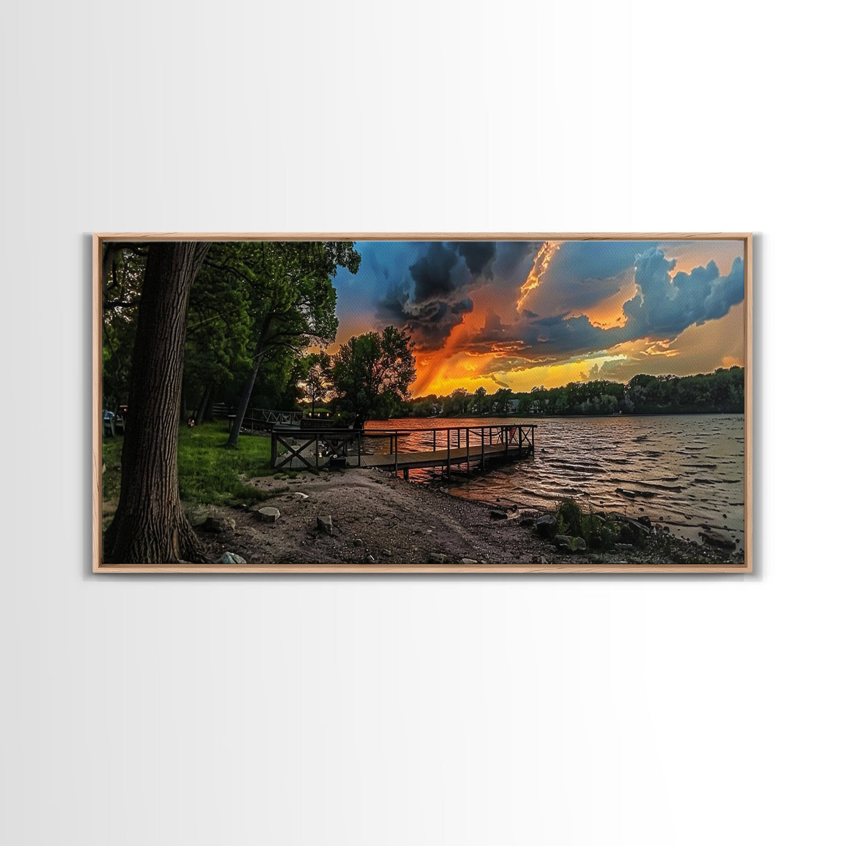 Sunset At The Lake Framed Canvas Print, Lakehouse Decor, Rustic Modern Farmhouse Wall Art, Photography Style Landscape Art