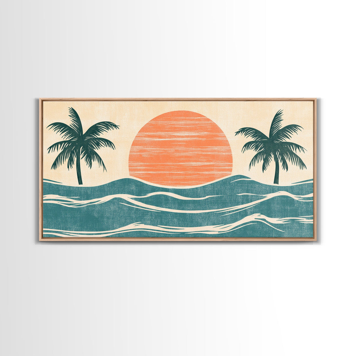 Japanese Wood Block Print Style Sunset and Palm Trees, Framed Canvas Print, Boho Style, Minimalist home Decor