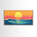 Retro Sunset Over The Ocean, Framed Canvas Print, Beautiful Synthwave Horizontal Wall Art