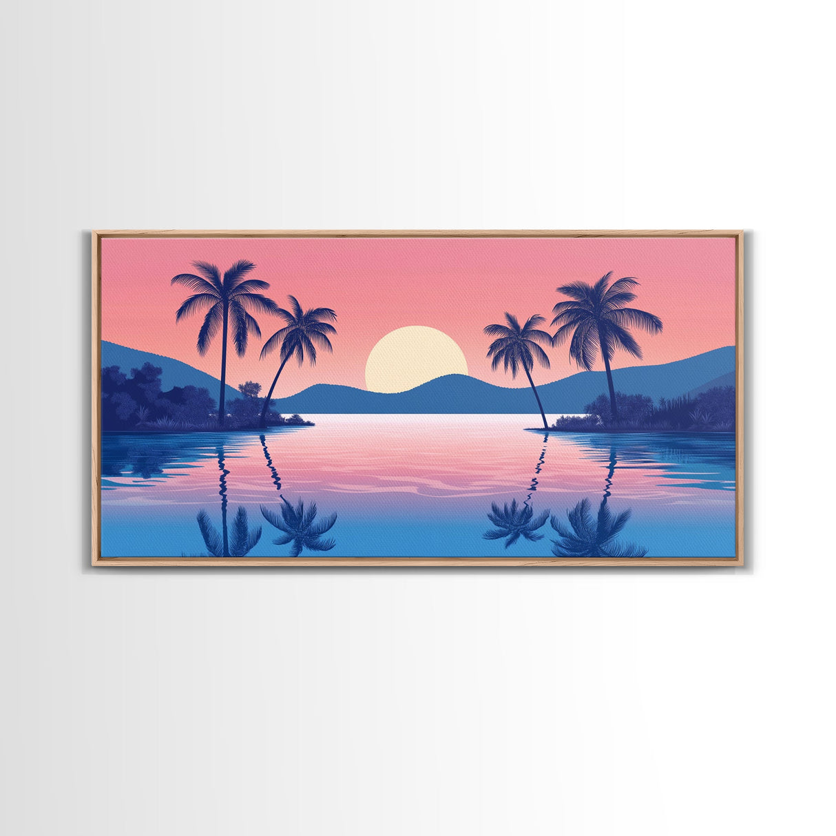 Abstract Vaporwave Sunset Over A Beach Landscape, Framed Canvas Print, Modern Art, Unique Wall Decor, Framed Canvas Art