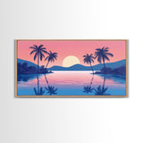 Abstract Vaporwave Sunset Over A Beach Landscape, Framed Canvas Print, Modern Art, Unique Wall Decor, Framed Canvas Art