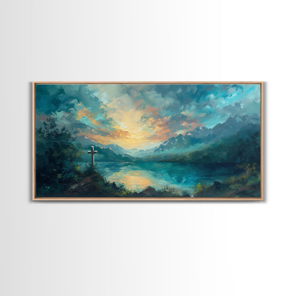 Painting Of a Cross And a Beautiful Landscape, Framed Canvas Print, Christian Wall Art