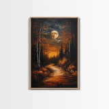 Full Moon Over The Haunted Forest, Framed Canvas Print, Wood Framed Wall Art, Dark Academia Witchy Decor, Moody Home Decor